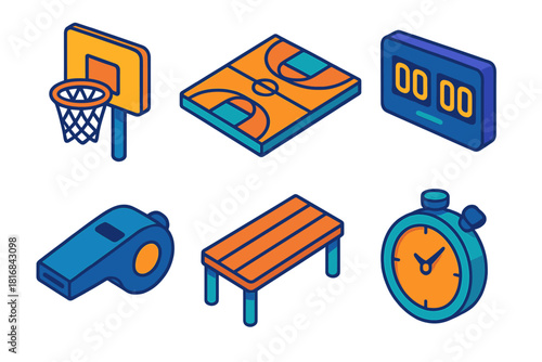 Basketball Court Icons. Court Setup flat icons set. hoop, court lines, scoreboard, bench, whistle, timer