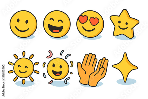 Vibrant Smile Icons. Bright Smiles Symbols flat icon set: happy face, laughter, heart eyes, star glow, sunshine, confetti, open hands, sparkle