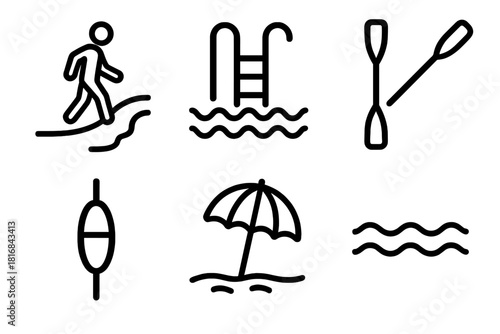 Waterfront Elements Icons. Waterfront Activity Elements linear icon set: shoreline walk, pier ladder, kayak paddle, fishing float, beach umbrella, gentle wave