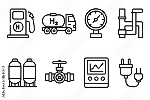 Hydrogen Energy Infrastructure. Hydrogen Infrastructure linear icon set: refueling station, transport truck, gauge meter, pipeline network, tank farm, pressure valve, control