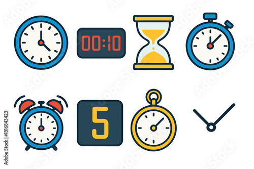 Countdown Clock Icons. Countdown Clock Icons flat icons set. ticking clock, digital timer, sand hourglass, stopwatch start, alarm ringing, countdown display, pocket watch, clock
