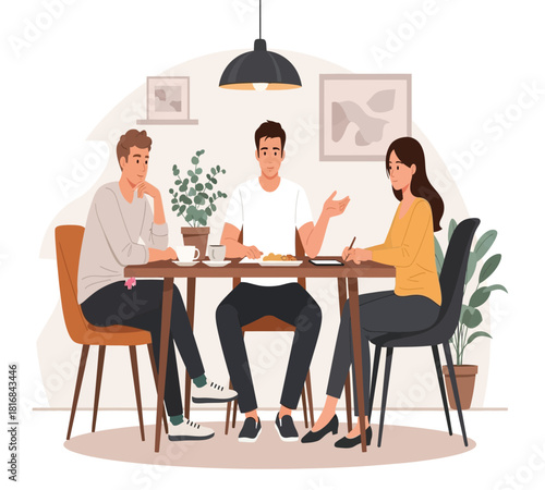 Illustration of three young adults engage in a business meeting or casual discussion around a table, collaborating on ideas in a modern interior, isolated on white background