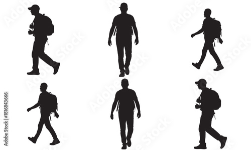 Collection of six distinct walking human figures presented in a clean black silhouette style on a white background