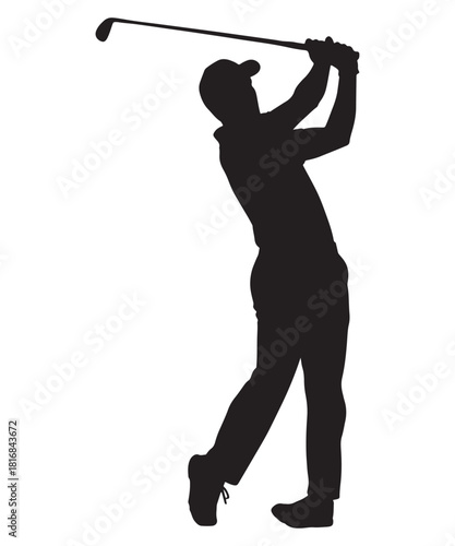 Dynamic silhouette of a golfer executing a powerful swing on a white background