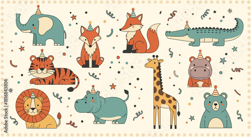 Cute Animals Celebrating a Party with Hats and Confetti, Adorable Wildlife Gathering for Festive Fun