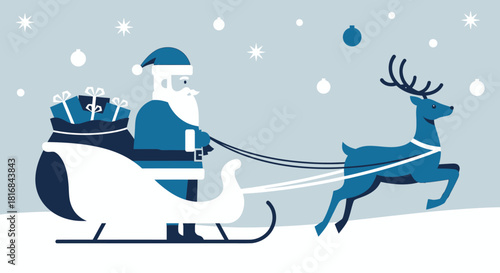 Santa Claus riding a sleigh pulled by a reindeer with gifts in the snow during winter, festive holiday illustration