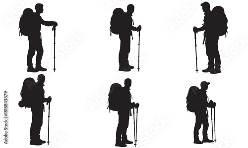 Collection of five diverse hiker silhouettes with backpacks and trekking poles silhouette