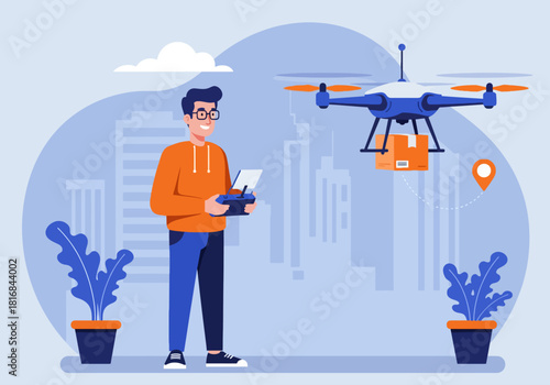 Modern Drone Delivery Service Operator controlling a quadcopter carrying a cardboard package over a city landscape. Fast e-commerce logistics and automated shipping flat vector illustration.