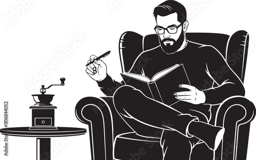 Bearded man with glasses relaxes reading a book in his comfortable chair silhouette