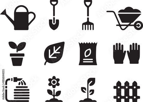 Gardening tools icons for spring planting season