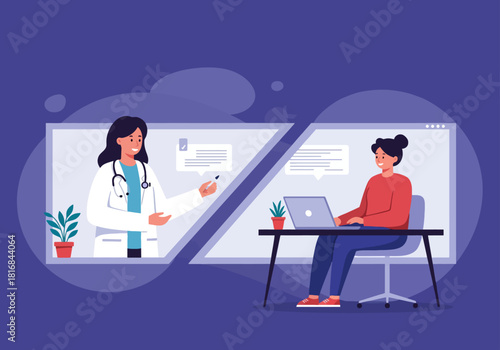 Telemedicine online consultation. Doctor and patient connecting remotely via video conference screen. Virtual healthcare service appointment vector illustration.