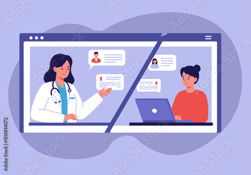 Telemedicine Consultation Video Call. Professional female doctor providing online medical advice and diagnosis to a patient via virtual chat interface on laptop screen.