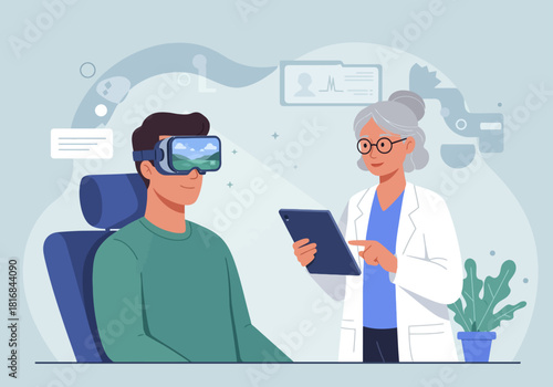 Professional VR Therapy Session: Doctor Supervising Patient Wearing Virtual Reality Headset for Innovative Digital Healthcare and Mental Wellness Treatment.