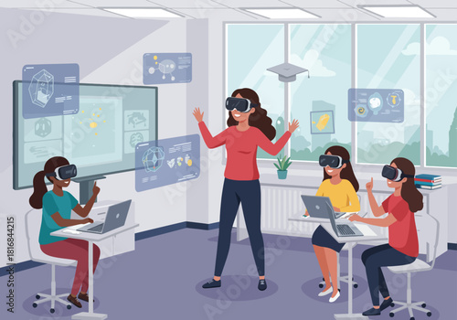 Virtual Reality classroom illustration: Female students and instructor using VR headsets for immersive EdTech learning, digital education, and future technology training in a modern environment.