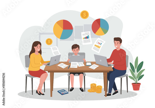 Family Finance Management and Budget Planning Illustration. Parents and Son Analyzing Documents and Pie Charts for Financial Literacy and Investment Strategy.