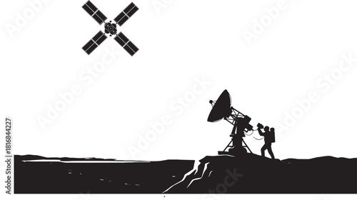 Cosmonaut silhouette operates antenna facing satellite on desolate planet landscape in black and white