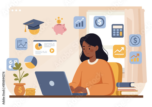Online Personal Financial Planning Illustration: Young Black Woman Managing Budget, Savings, and Education Costs Using Digital Tools and Laptop Interface