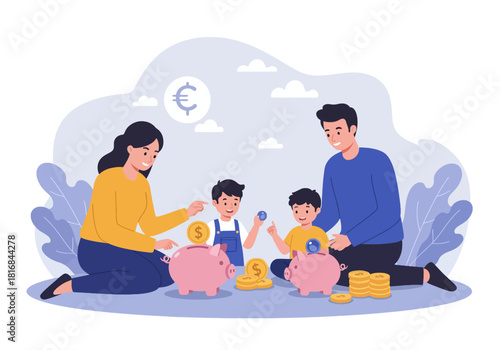Happy Family Teaching Children Financial Education and Money Saving Skills, Putting Coins into Piggy Banks. Vector Illustration of Budget Planning and Investment for Kids.