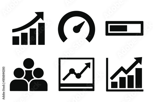 Bold Business Icons. Business Dashboards silhouette icon set. revenue chart, target gauge, progress bar, team performance icon, productivity graph, sales tracker.