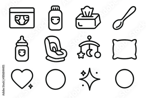 Baby Icons Collection. Baby Care Symbols linear icon set: diaper pack, powder bottle, baby wipe, feeding spoon, milk warmer, safe seat, soothing mobile, soft pillow, calm heart