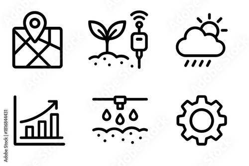 Precision Farming Icons. Precision Cultivation linear icon set. GPS map, plant sprout, sensor node, weather icon, growth chart, irrigation nozzle, data chip, gear