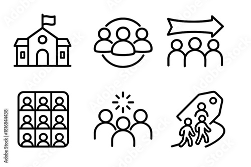 School Unity Icons. School Community Bonding linear icon set: club icon, team circle, event banner, shared goal arrow, community grid, unity spark, participation tag, group pathway