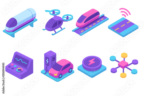 Futuristic Transport Icons. Future Transport flat icons set. hyperloop pod, drone taxi, magnetic rail, smart road, control panel, EV hub, charging pad, data network