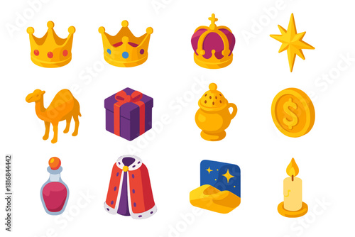 Epiphany Celebration Icons. Epiphany Celebration flat icons set. three crowns, star of Bethlehem, camel, gift box, incense jar, gold coin, myrrh bottle, royal robes, desert dunes