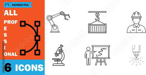 Line art icons showcase graphics, industrial automation, science, engineering, and manufacturing processes