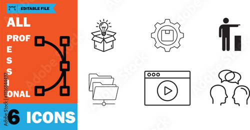 Line art shows black icons including box idea and head communication