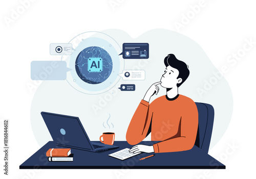 AI Thinking Process. Male developer or analyst brainstorming digital innovation and machine learning strategy while working on a laptop. Flat vector illustration.