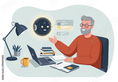 Senior man interacting with AI digital assistant chatbot while working on his laptop at a desk. Artificial intelligence, technology integration, remote worker support vector illustration.