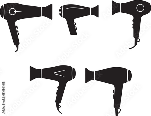Several solid black hair dryers point various directions against a transparent background