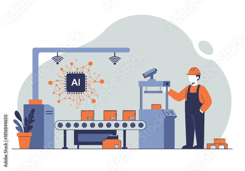 Smart Factory Automation with AI Technology. Engineer Supervising the Automated Production Line and Quality Control using Artificial Intelligence Chip Integration. Industry 4.0 Concept.