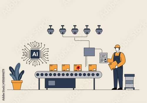 AI Automated Quality Control Inspection System in Smart Factory. Vector illustration of worker monitoring the conveyor belt using computer vision technology for defect identification and sorting.