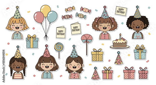 Happy Birthday Celebration with Children, Gifts, Balloons, and Festive Decorations