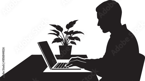 Silhouette shows a man typing on laptop near potted plant on a desk