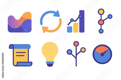 Vibrant Learning Icons. Learning Flow flat icon set: fluid wave, iterative loop, adaptive chart, highlighted node, open scroll, soft lightbulb shape, branching stem, rotating dial