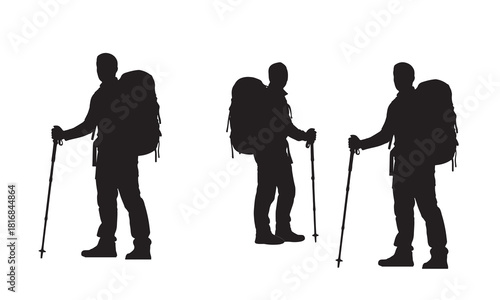 Three backpackers with trekking poles in silhouette against a white background with adobe illustrator logo
