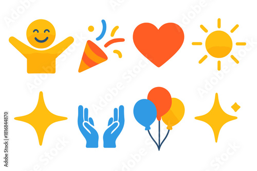 Joyful Icons Collection. Joyful Moments Icons flat icons set. smiling figure, confetti trail, glowing heart, radiant sun, star burst, open hands, balloon cluster, sparkle