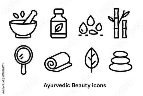 Ayurvedic Spa Essentials. Ayurvedic Beauty linear icon set: herbal bowl, essential oil, flower petals, bamboo stick, mirror, towel, sandalwood leaf, spa stone