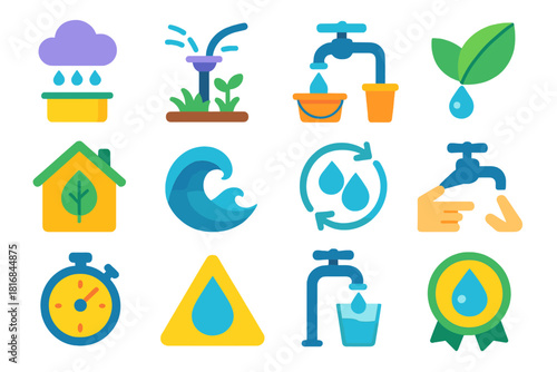 Eco-Friendly Water Conservation. Conservation Practices flat icon set: rainwater collection, smart irrigation, bucket under tap, leaf drop, eco house, ocean wave, recycle water
