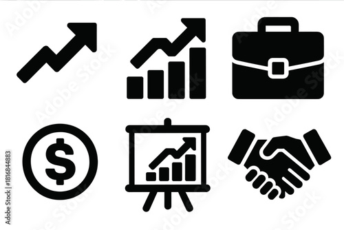 Business Growth Icons. Business growth silhouette icon set: upward arrow, bar chart, briefcase, dollar coin, chart board, handshake