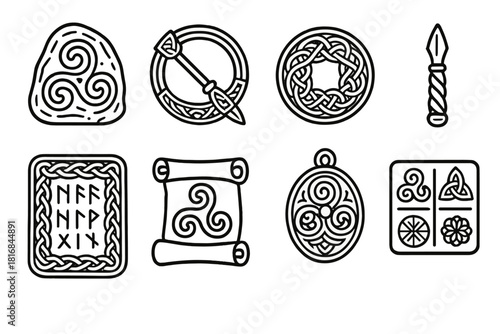 Celtic Icon Collection. Celtic Artifacts linear icon set: engraved stone, metal brooch, ring pattern, carving tool, rune tablet, scroll, jewelry, symbol chart