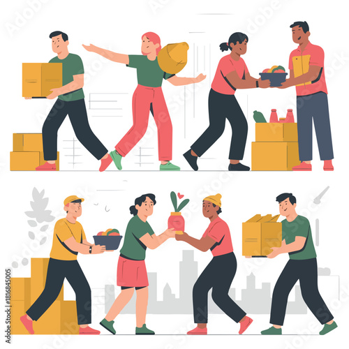 International Volunteer Day vector set with diverse community service scenes, teamwork, charity, global unity, environment and education icons