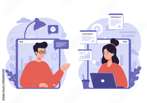 Virtual Business Meeting and Remote Contract Negotiation Illustration. Professional Colleagues Collaborating Online via Video Call Screen for Digital Teamwork and Agreement Signing.