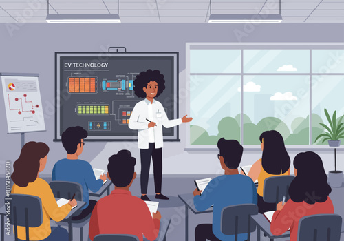 Expert Female Engineer Teaching EV Technology to Diverse Students in a Classroom Setting. Vector Illustration of a Training Seminar Focused on Electric Vehicle Battery Energy Systems.