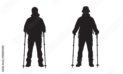 Two distinct silhouette figures of people standing with trekking poles in a clean white background silhouette