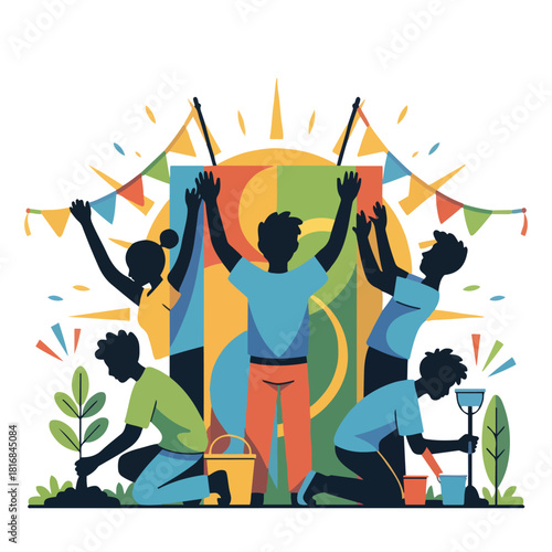 International Volunteer Day vector set with diverse community service scenes, teamwork, charity, global unity, environment and education icons