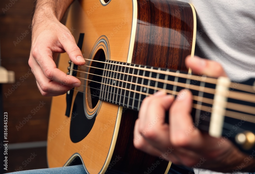Fototapeta premium Luthier tunes guitar with focused fingers plucking strings in a studio